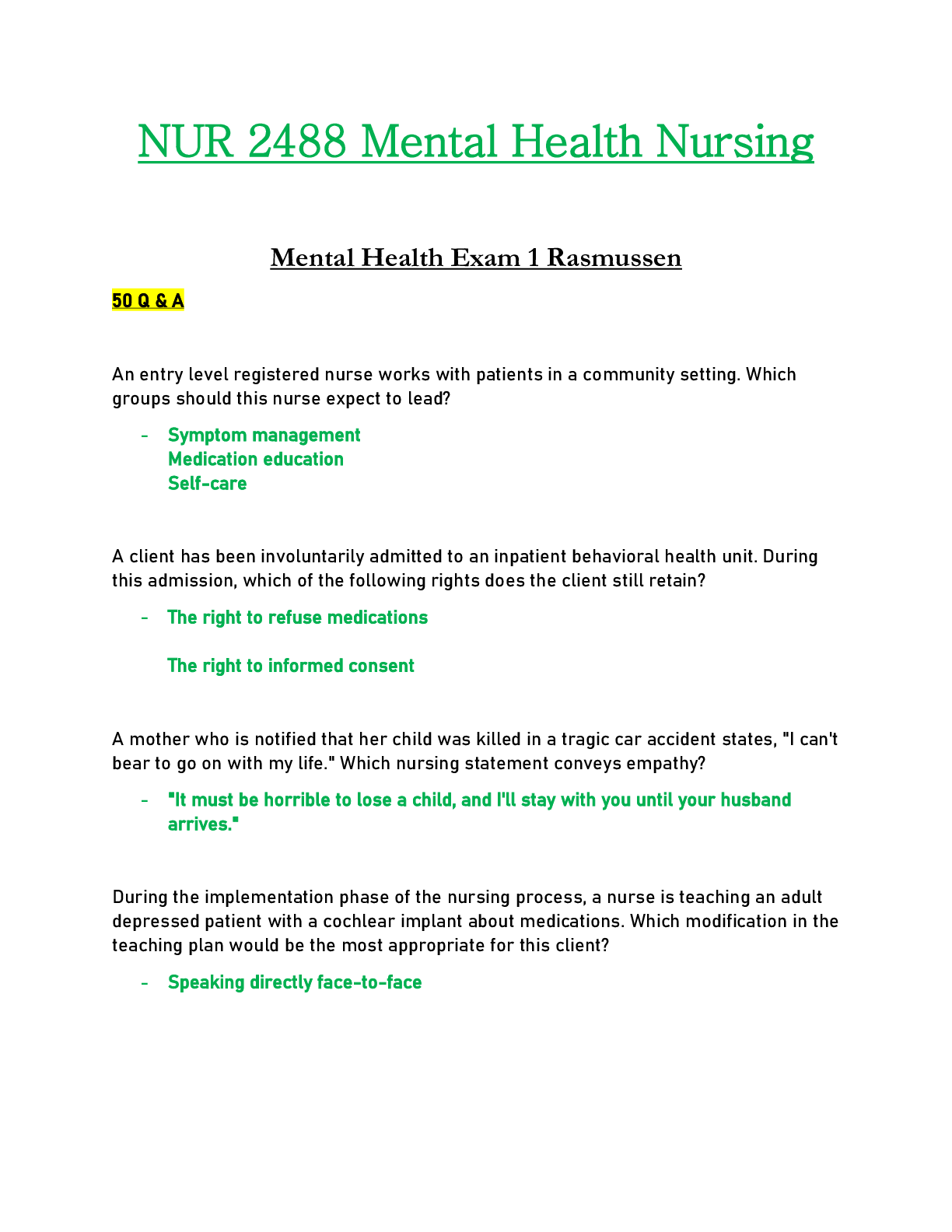 NUR2488 / NUR 2488 Mental Health Nursing Exam 1- Rasmussen